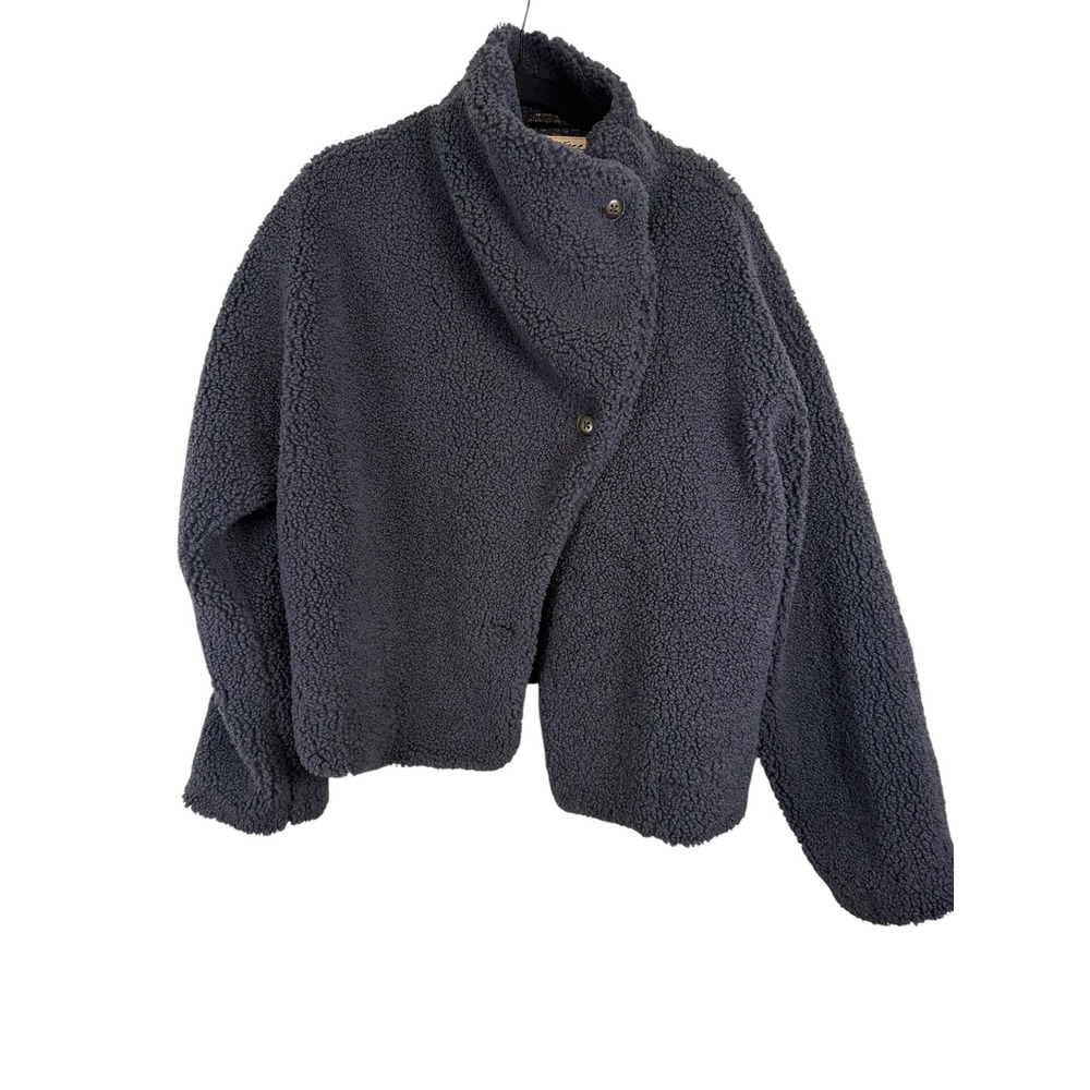 We The Free People Blue Sherpa Fleece Asymmetrical Button Jacket Small